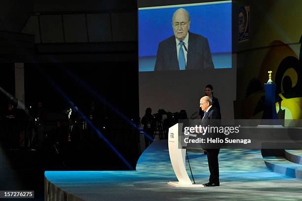 Joseph S. Blatter, president of FIFA during the Draw for the FIFA Confederations Cup at Anhembi Convention Center on December 01, 2012 in São Paulo,...