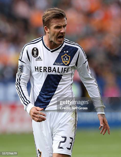 David Beckham of Los Angeles Galaxy reacts in the first half while taking on the Houston Dynamo in the 2012 MLS Cup at The Home Depot Center on...