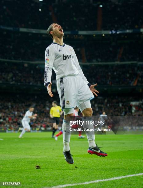 Cristiano Ronaldo of Real Madrid reacts as he fails to score during the la Liga match between Real Madrid CF and Club Atletico de Madrid at Estadio...