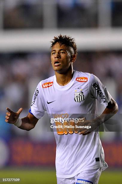 Neymar of Santos celebrates a scored goal during a match between Santos and Palmeiras as part of the Brazilian Serie A Championship 2012 at Vila...