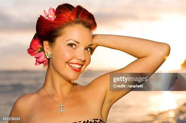 beautiful tropical island girl - rockabilly pin up girls stock pictures, royalty-free photos & images