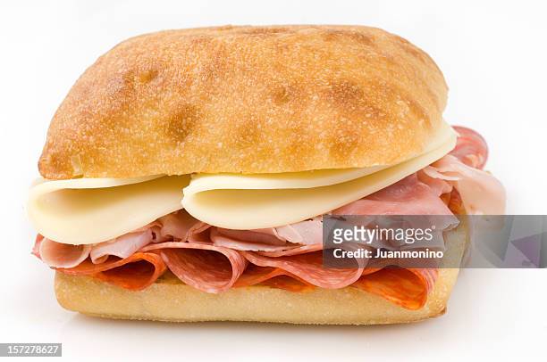 schinken, salami und käse-sandwich, chorizo - ciabatta stock-fotos und bilder