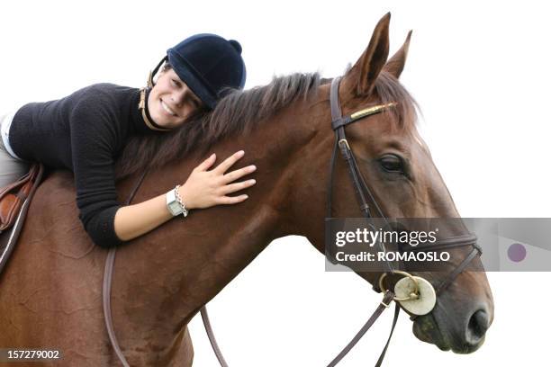 girl abrazándose su caballo, noruega - 1 woman 1 horse fotografías e imágenes de stock