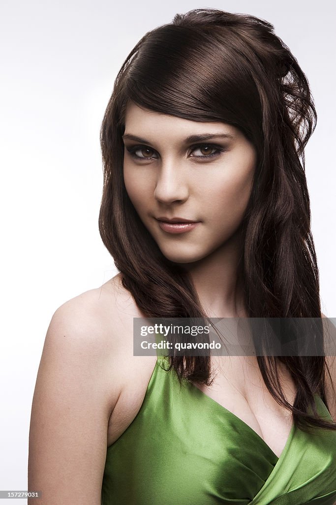 Beautiful Brunette Young Woman Head Shot on White