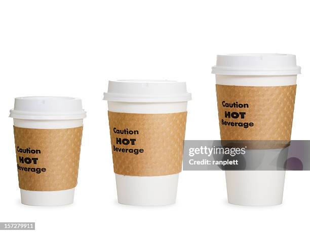 small, medium, and large coffee cups (clipping path) - coffee take away cup simple stock pictures, royalty-free photos & images