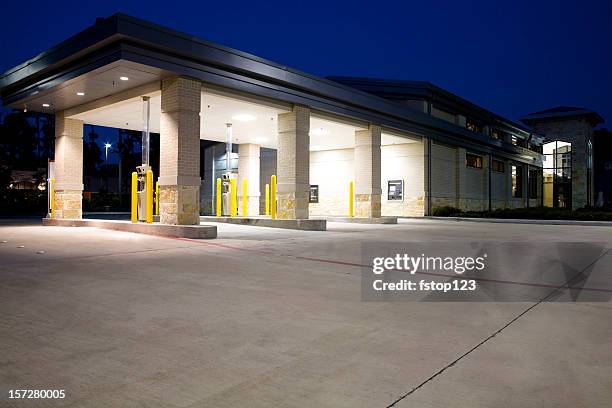 drive thru banking. bank, atm. night. - riverbank stock pictures, royalty-free photos & images