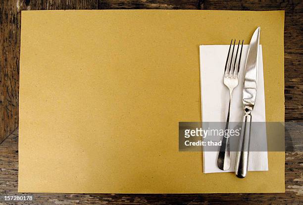 brown paper place setting - napkin stock pictures, royalty-free photos & images