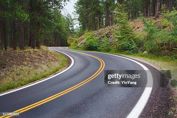 route de montagne sinueuse, courbes le long de l'autoroute pittoresque de black hills - dakota du sud photos et images de collection