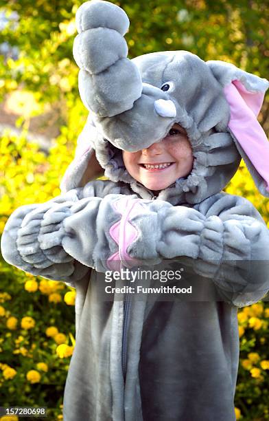 child & halloween elephant costume, cute boy smiling & happy - animal trunk 個照片及圖片檔