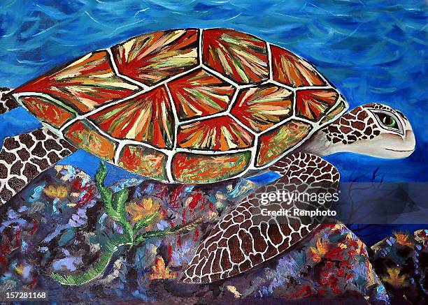 artwork - hawaiian sea turtle - sea turtle stock illustrations