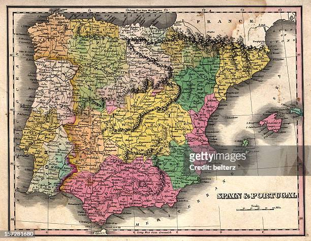 spain and portugal vintage map - catalonia map stock pictures, royalty-free photos & images