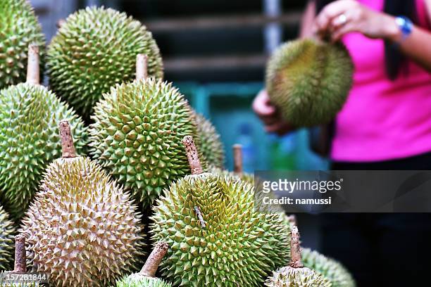 mercado oriental 1: durians em cingapura - durian - fotografias e filmes do acervo