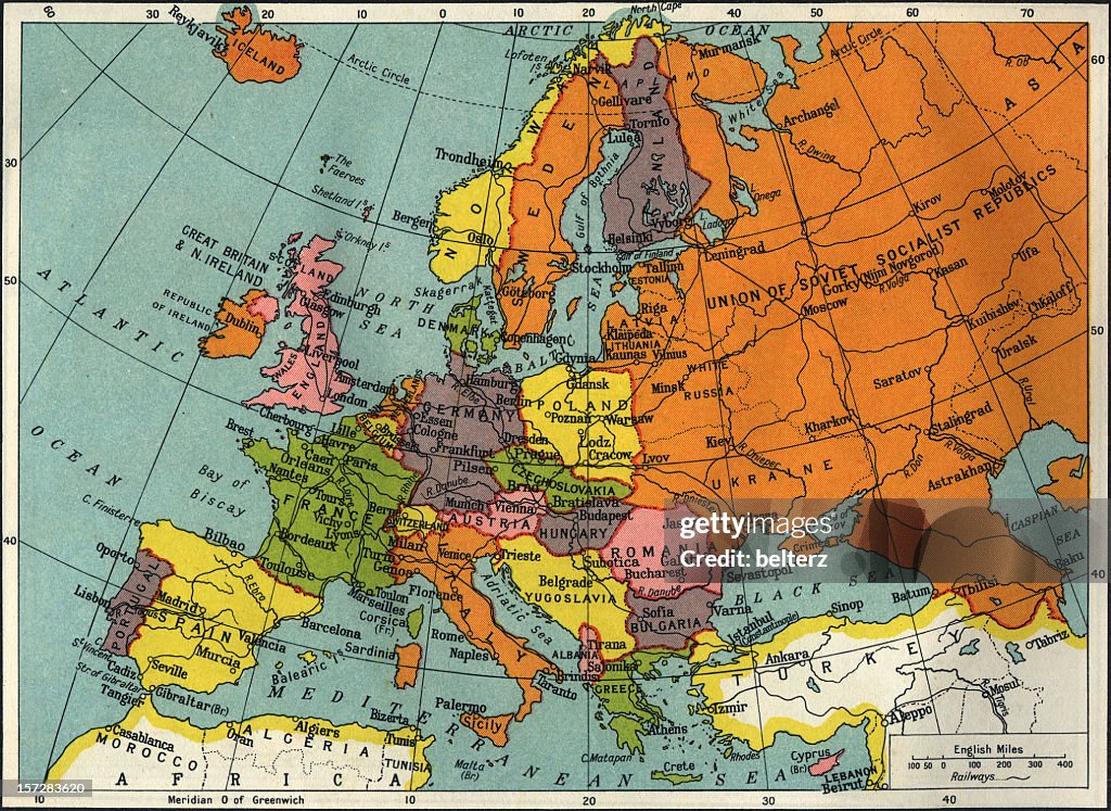 Vintage map of Europe and Asia