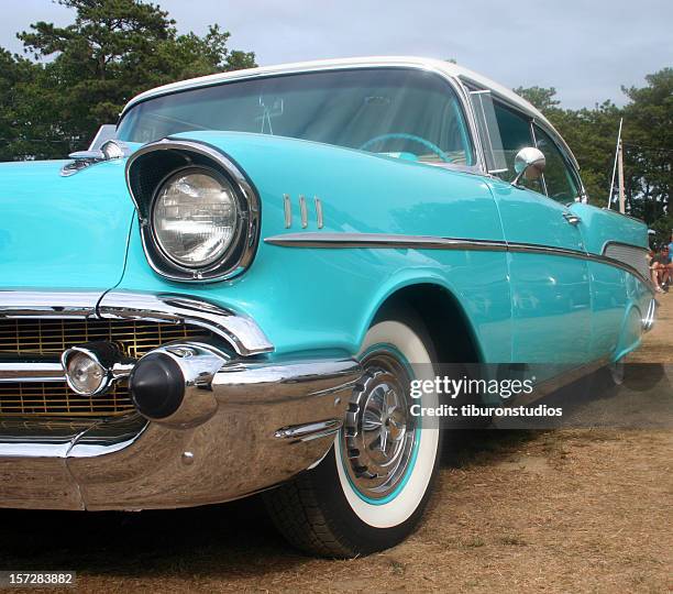vintage ford car in light blue teal - car show outdoors stock pictures, royalty-free photos & images