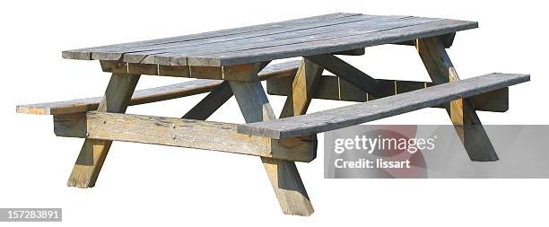 weathered picnic table - isolated - outdoor table stock pictures, royalty-free photos & images