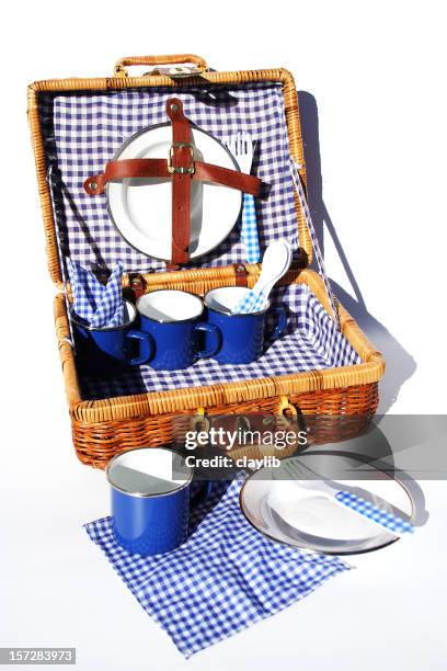 a woven case with blue checkered picnic supplies - picnic basket stock pictures, royalty-free photos & images