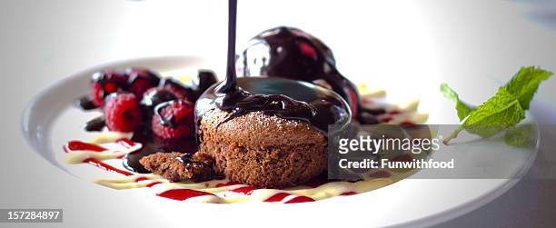 schokoladensoufflé kuchen & eis & himbeere obst, gourmet-speisen und desserts - fondant cakes stock-fotos und bilder