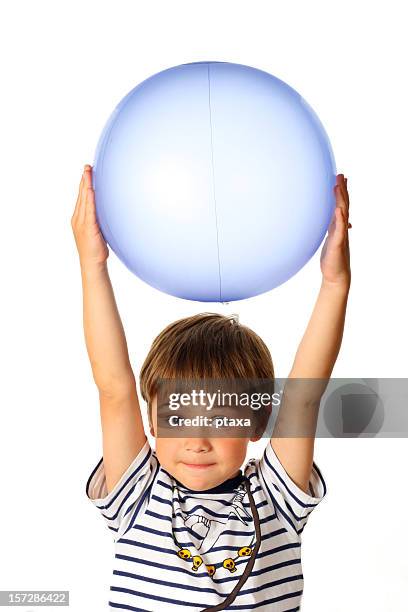 boy with big blue ball - human hair ball stock pictures, royalty-free photos & images