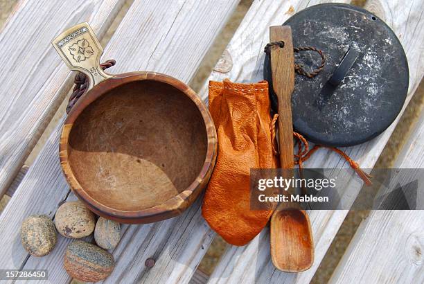 sami handmade objects;kuksa, purse, spoon, and lid - sami stock pictures, royalty-free photos & images