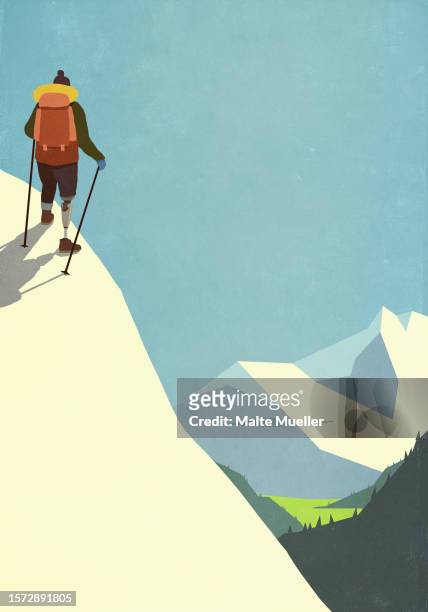ilustraciones, imágenes clip art, dibujos animados e iconos de stock de woman with prosthetic leg with backpack hiking up snowy mountain slope - physical disability