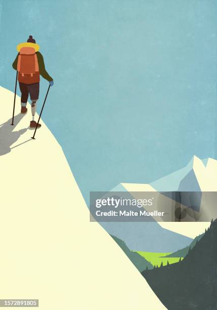 woman with prosthetic leg with backpack hiking up snowy mountain slope - light effect stock illustrations