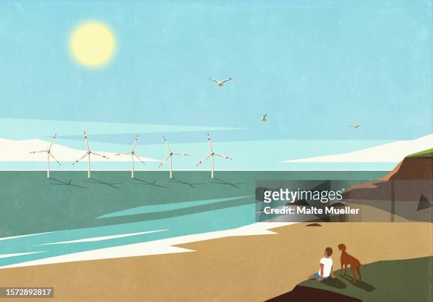 serene man and dog watching wind turbines in sunny ocean - holiday stock illustrations