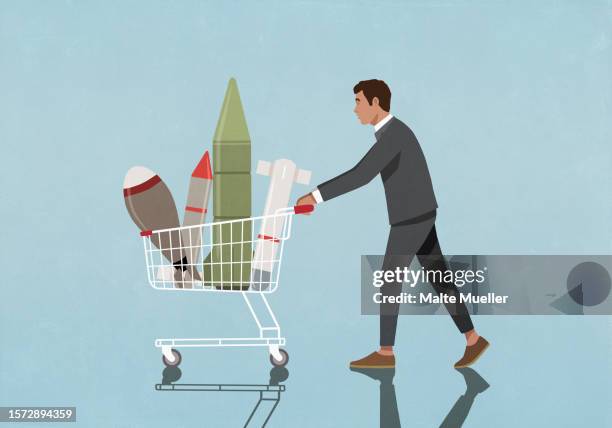 businessman buying rockets and missiles in shopping cart - conclusion stock illustrations