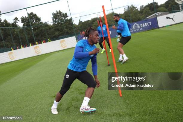 Brandon Thomas-Asante of West Bromwich Albion does a drill during a training session at West Bromwich Albion Training Ground on August 2, 2023 in...