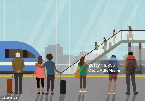 stockillustraties, clipart, cartoons en iconen met passengers standing and waiting in train station - station de vacances