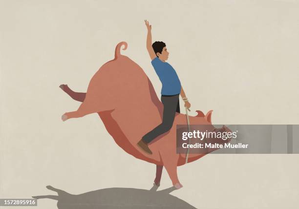 ilustraciones, imágenes clip art, dibujos animados e iconos de stock de man bull riding piggy bank - monta de toro