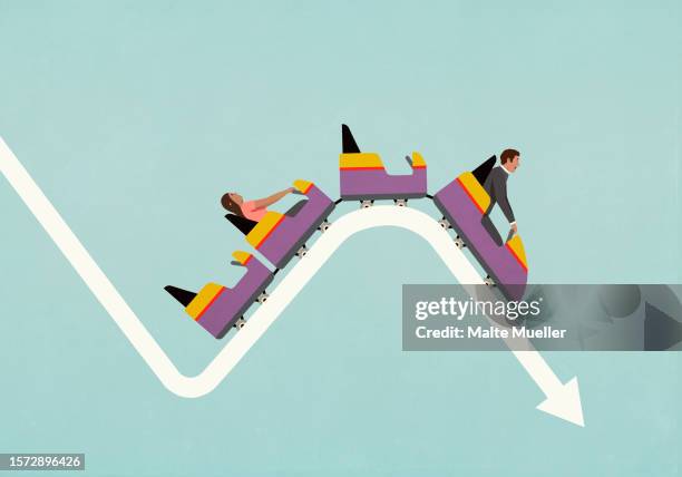 investors riding chaotic, descending arrow - coloured background woman stock illustrations