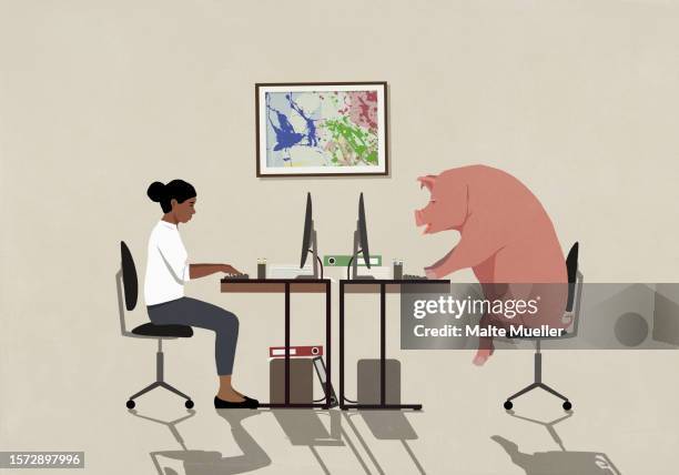 businesswoman and pig working at computers in office - pig stock illustrations