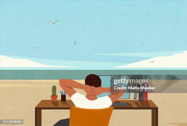 carefree man at desk, taking a break from working, daydreaming of summer ocean beach - daydreaming stock illustrations