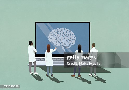 Neuroscientists looking at brain image on laptop screen Neuroscientists looking at brain image on laptop screen