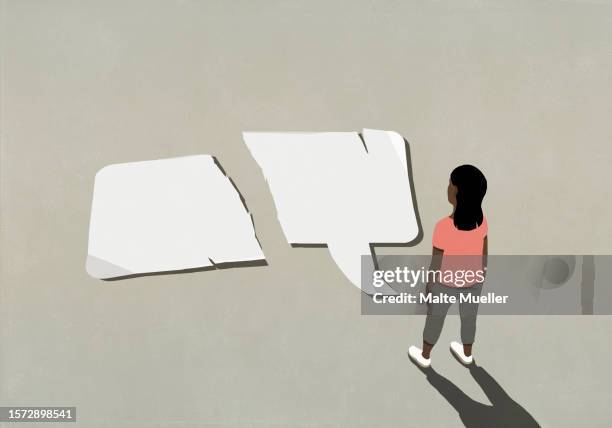 woman looking at ripped speech bubble - communication problems stock illustrations