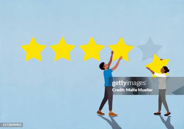 ilustrações de stock, clip art, desenhos animados e ícones de couple rating, placing five stars on blue background - feedback comunicação