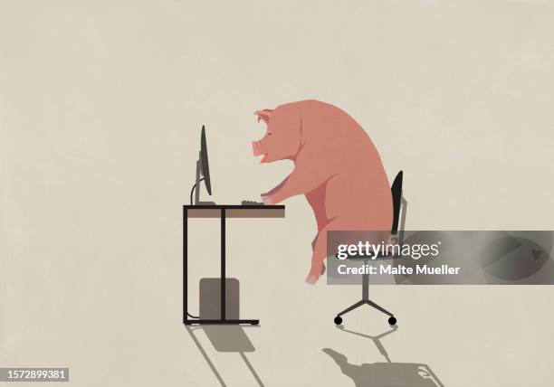 pig working at computer in office - greed stock illustrations