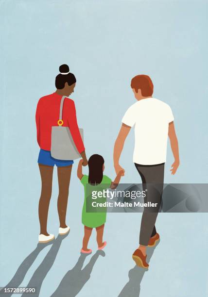 parents and toddler daughter holding hands and walking - family stock illustrations