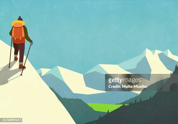 woman with backpack and ski poles hiking up snowy mountain - sports stock illustrations