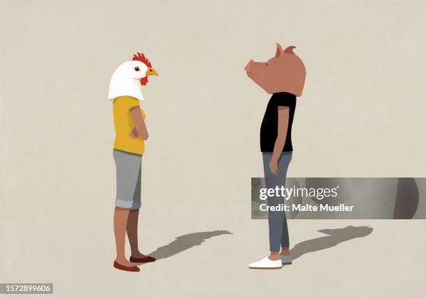 confrontational couple in pig and chicken heads standing face to face - stubborn person stock illustrations