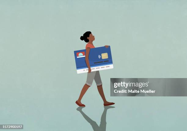 female consumer carrying large credit card - security stock illustrations