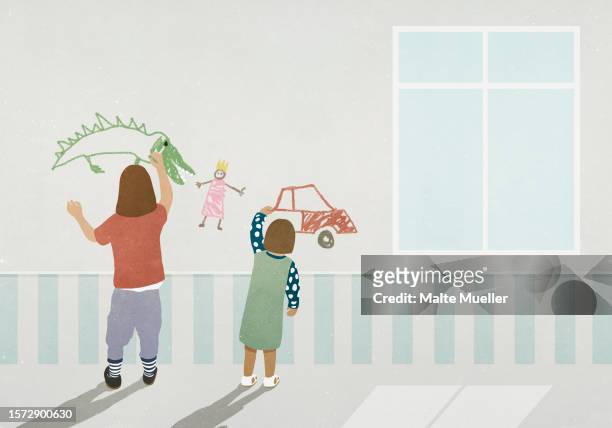 girls drawing on wall - arms up stock illustrations