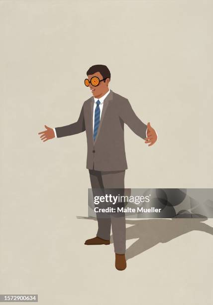 businessman with hypnotic eyeglasses talking - confusion stock illustrations