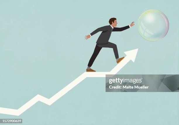 businessman trying to pop bubble on ascending arrow - data explosion stock illustrations
