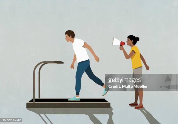 woman with megaphone yelling at tired man exercising on treadmill - displeased stock illustrations