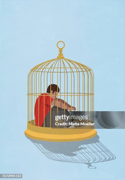 stockillustraties, clipart, cartoons en iconen met frustrated man trapped in birdcage - eenzaamheid