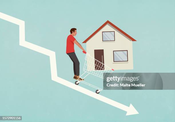 man with house in shopping cart falling on descending arrow - moving down stock illustrations