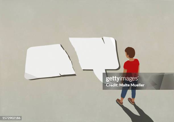 stockillustraties, clipart, cartoons en iconen met man looking down at ripped speech bubble - schade