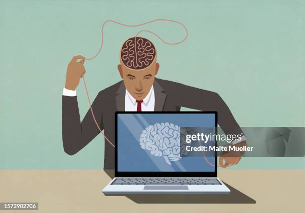 businessman at laptop pulling at string in brain - professional stock illustrations