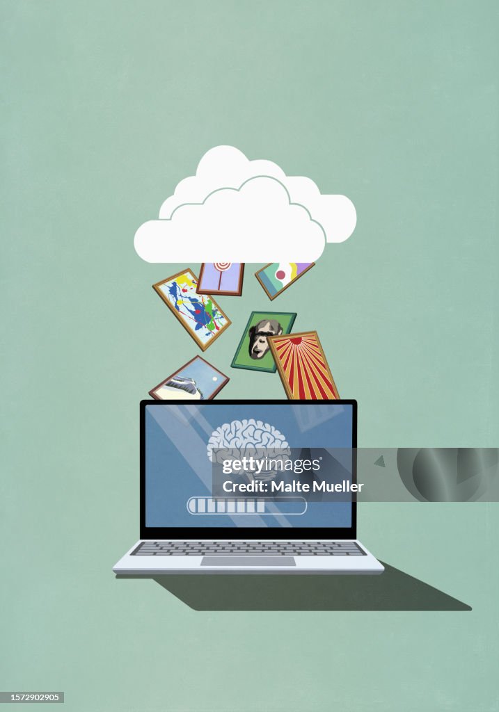 Brain image on laptop screen downloading images from the cloud